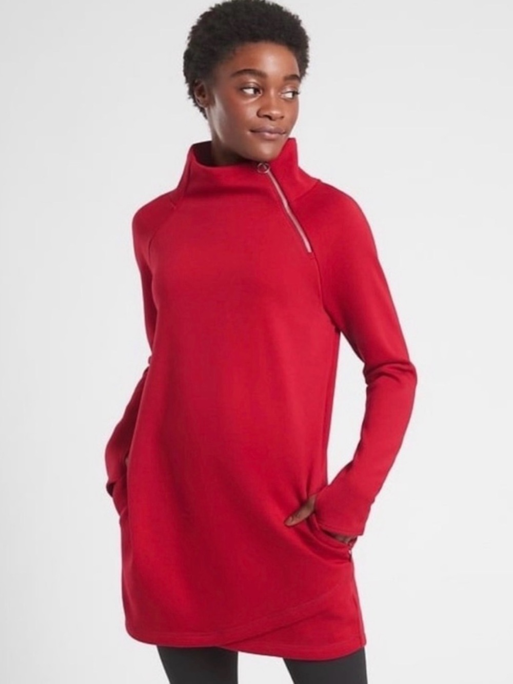Athleta Cozy Karma Asymmetrical 
Sweatshirt Dress Red Shirt Tunic Zip Women Med